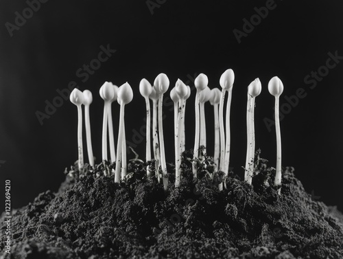 A close up of a bunch of white mushrooms growing in the dirt. The mushrooms are all different sizes and are scattered throughout the dirt. The image has a dark and moody atmosphere