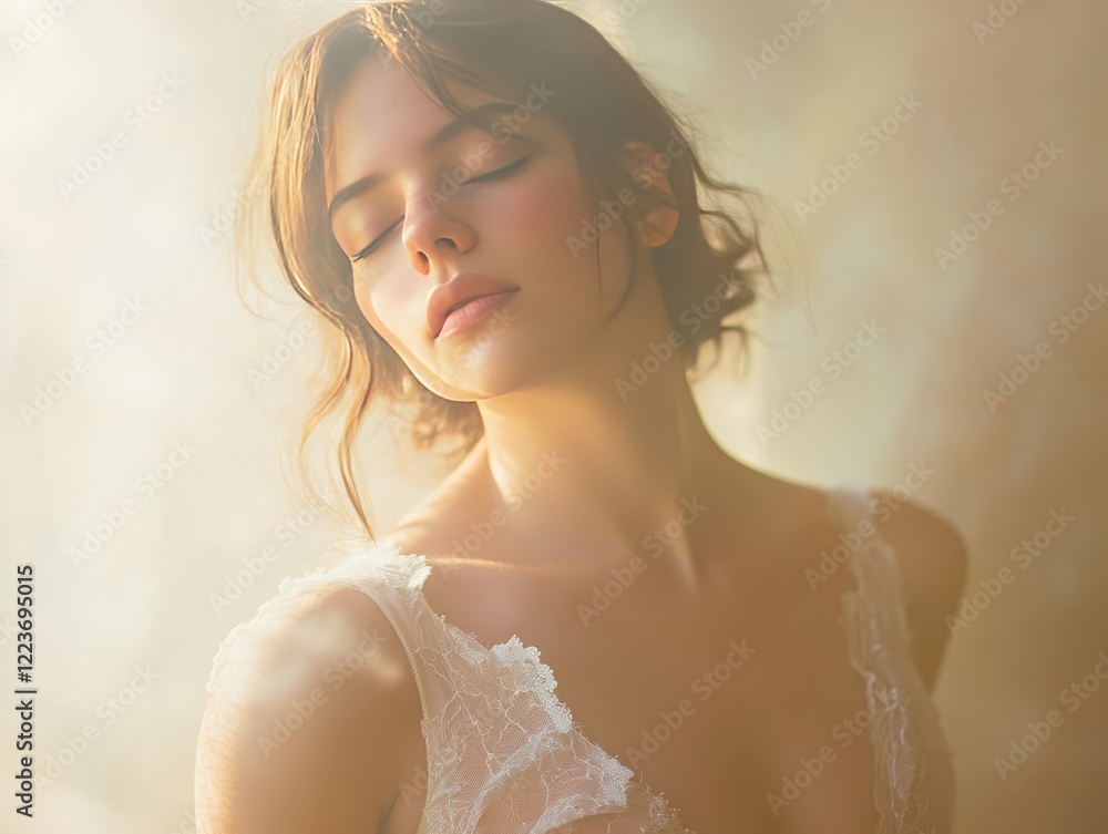 A woman with closed eyes and serene expression poses in soft, ethereal light, wearing delicate lace, capturing a moment of dreamy elegance and gentle beauty. A woman with closed eyes and serene expression poses in soft, ethereal light, wearing delicate lace, capturing a moment of dreamy elegance and gentle beauty.