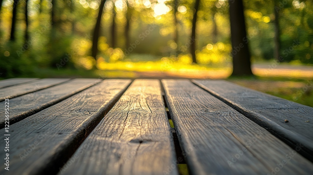 Sunlit park picnic table, forest backdrop Sunlit park picnic table, forest backdrop