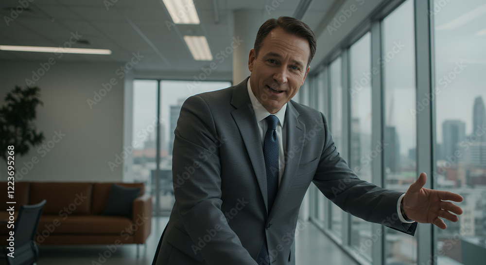 Confident Businessman Gesturing in Modern Office with City View Confident Businessman Gesturing in Modern Office with City View