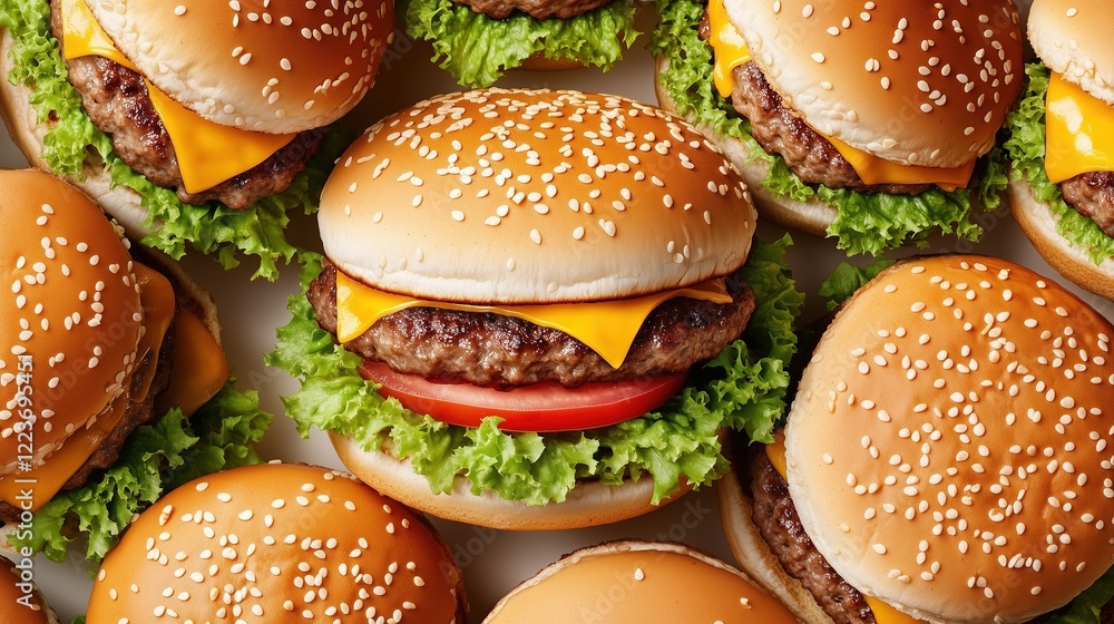 A lot of cheeseburgers top view. Continuous frameless background with burgers. A lot of cheeseburgers top view. Continuous frameless background with burgers.