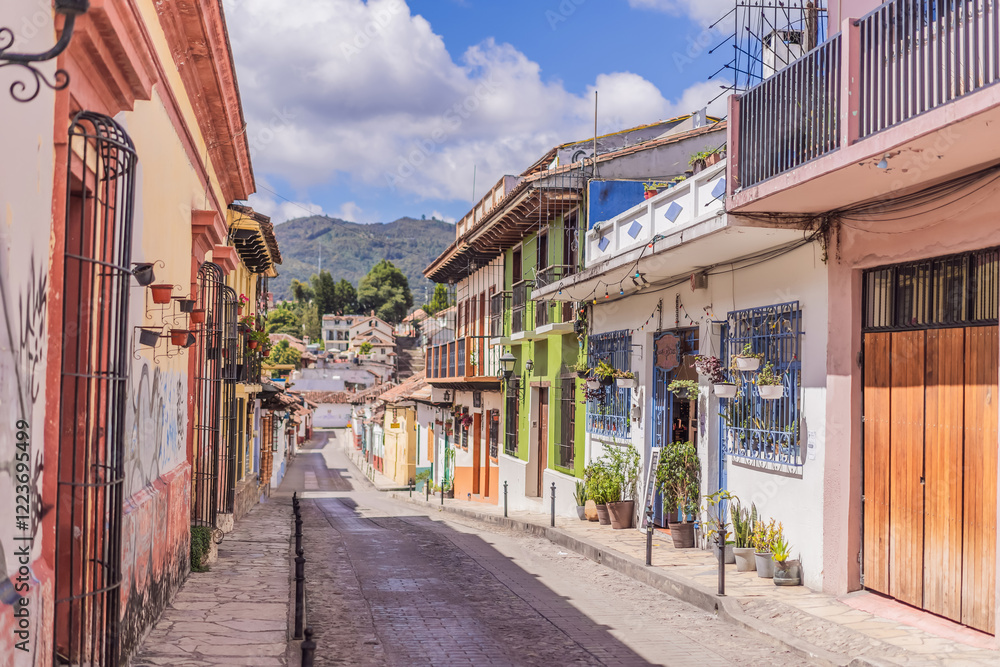 Colonial streets of San Cristobal de las Casas, Mexico. Historic charm, cultural heritage, and travel exploration concept Colonial streets of San Cristobal de las Casas, Mexico. Historic charm, cultural heritage, and travel exploration concept