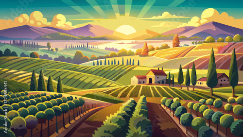 A sun-drenched vineyard overlooking rolling hills and valleys, where grapes ripen under the watchful gaze of the sun.