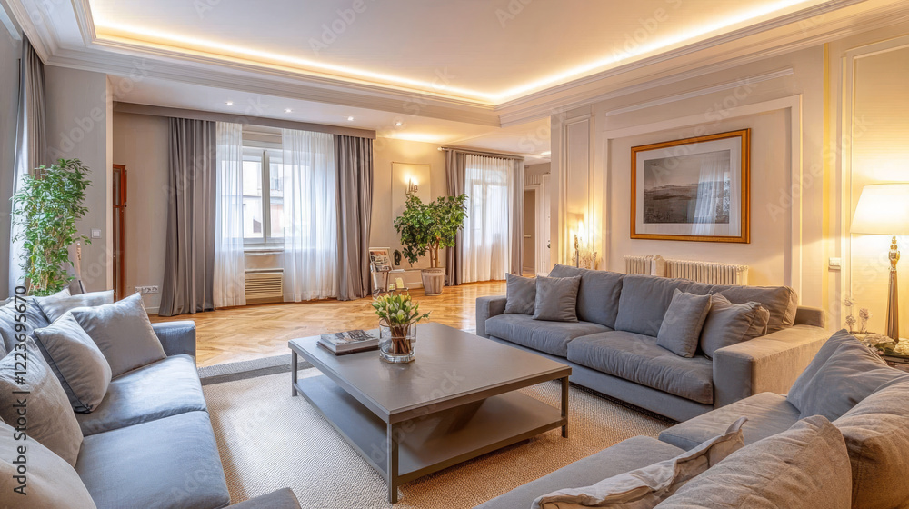 Fototapeta premium Serene Brightness: A Cozy Living Room with Grey Sofas