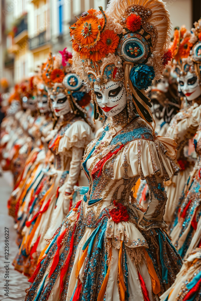 A group of people dressed in colorful costumes walking down a street A group of people dressed in colorful costumes walking down a street