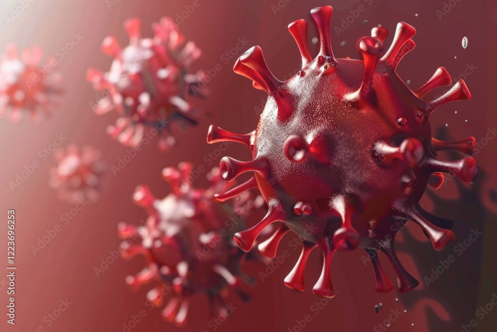 A red virus is shown in a close up. The virus is surrounded by a red background. The virus is shown in different stages of development A red virus is shown in a close up. The virus is surrounded by a red background. The virus is shown in different stages of development