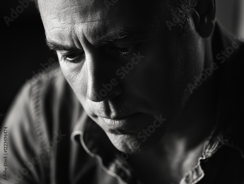 Close-up grayscale portrait of a man deep in thought, capturing emotion and introspection through soft light and textural details accentuating his facial features.
