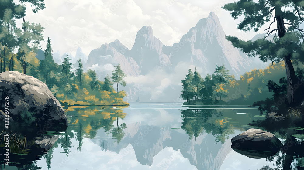 Naklejka premium Peaceful Mountain Lake with Reflection of Majestic Peaks