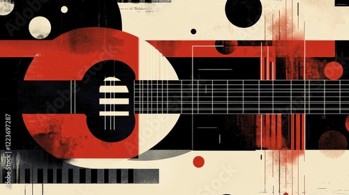 An artistic composition showcasing a vibrant guitar blend with geometric shapes, predominantly red, black, creating a visually striking and harmonious graphic.