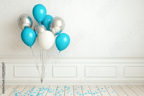 Silver-gray and turquoise balloons with confetti set against a glitter background. Ideal for birthdays, holidays, Women's Day, Mother's Day, or Valentine's Day parties. Room for text. Perfect for photo