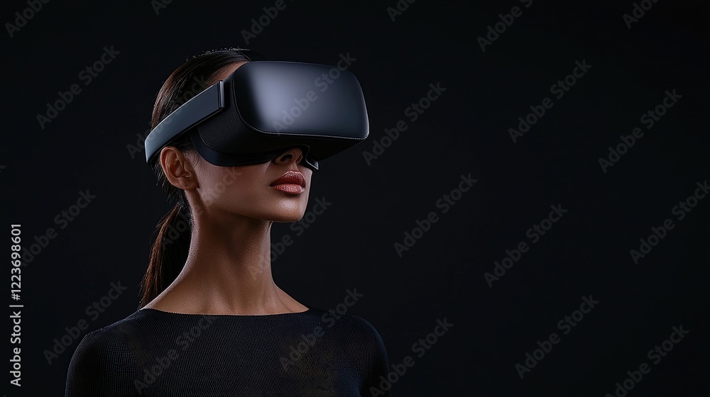 Woman in VR headset, exploring virtual reality, dark background, technology concept Woman in VR headset, exploring virtual reality, dark background, technology concept