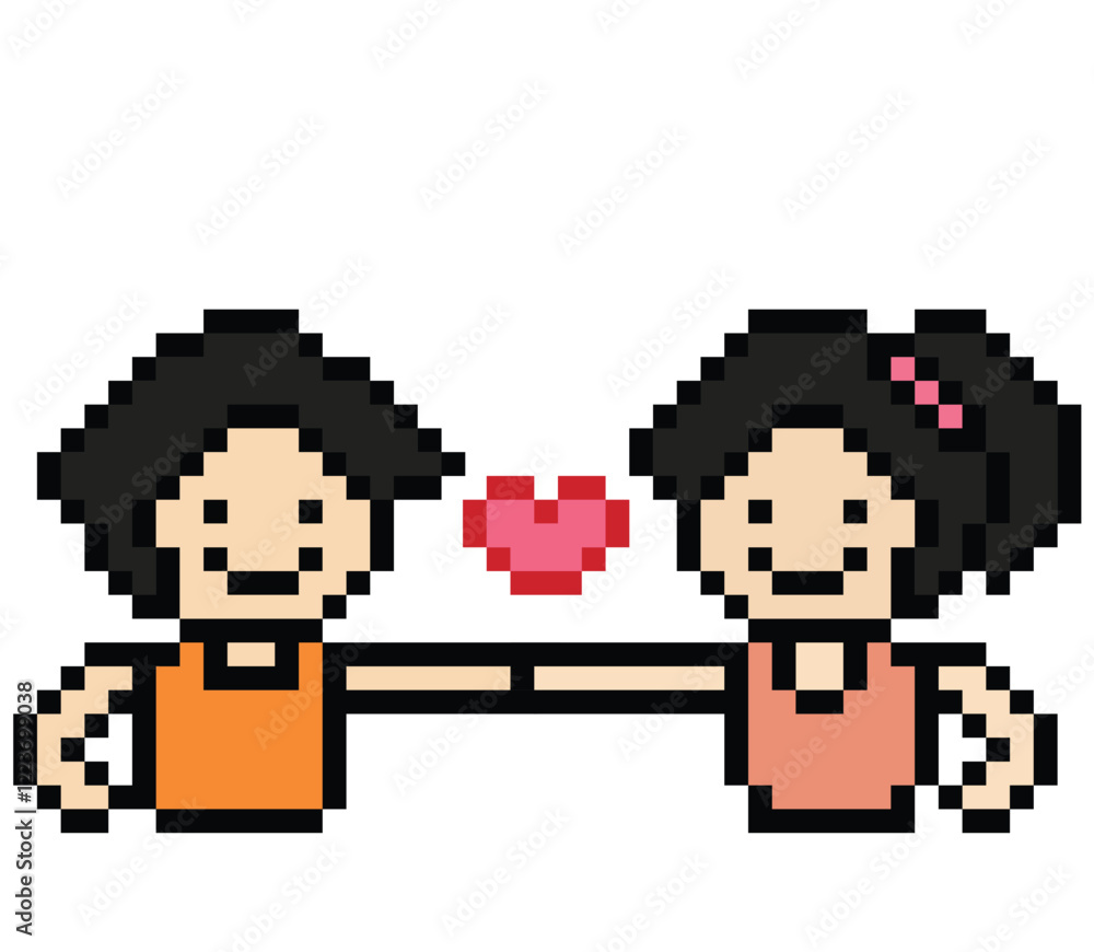 Fototapeta premium Cute pixel cartoon 8bit character couple together feel love happy heart soulmate relationship decoration 8 bit couple in love valentine day game isolated PNG vector.