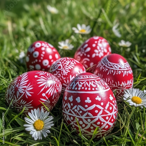 Traditional red eggs adorned with white ornate patterns soothingly placed on a lush grassy field with delicate white daisies enhancing the calm springtime feel. photo