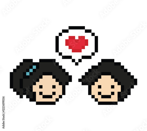 Cute pixel cartoon 8bit character couple together feel love happy heart soulmate relationship decoration 8 bit couple in love valentine day game isolated PNG vector.