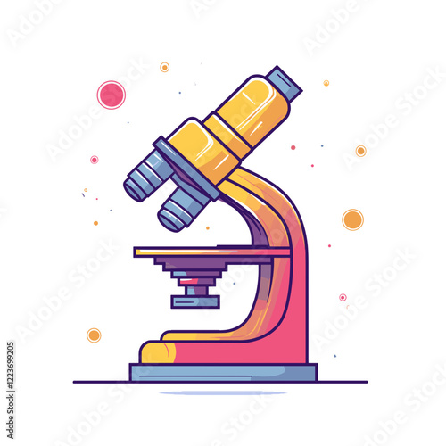 Vector microscope icon in colorful style with decorative elements on white background