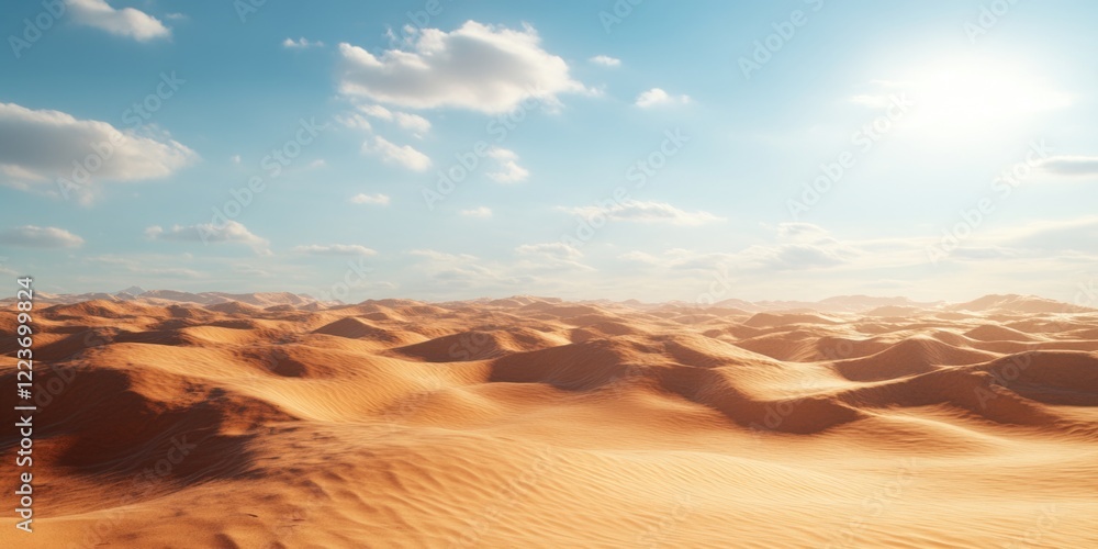 A desert landscape with a bright blue sky and clouds. The sun is shining brightly, creating a warm and inviting atmosphere. The vast expanse of sand stretches out as far as the eye can see A desert landscape with a bright blue sky and clouds. The sun is shining brightly, creating a warm and inviting atmosphere. The vast expanse of sand stretches out as far as the eye can see