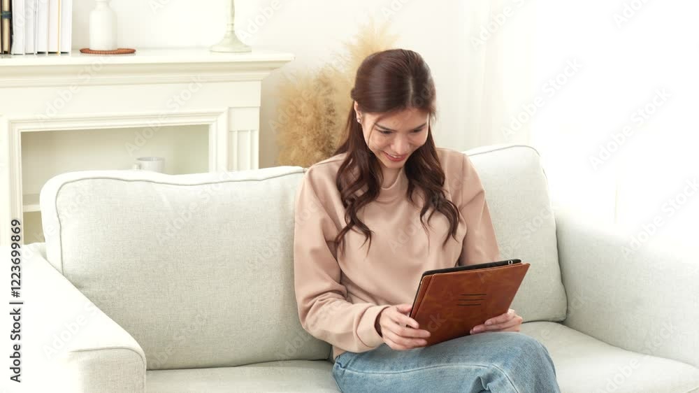 Young Asian woman sitting on sofa working in meeting reading mail playing social media with laptop at home working from home concept Young Asian woman sitting on sofa working in meeting reading mail playing social media with laptop at home working from home concept