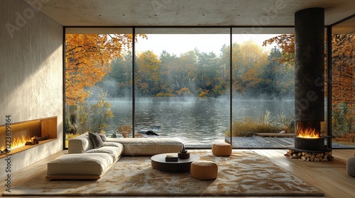 Scenic fall lake fireplace in an interior room background for an online webinar virtual meeting; ideal for retirement home office setup with a computer desk, featuring water and trees visible through