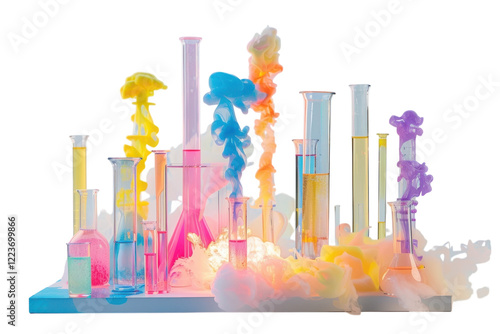 Colorful chemical experiment with vibrant smoke and glassware in a laboratory setting under soft lighting isolated on transparent background