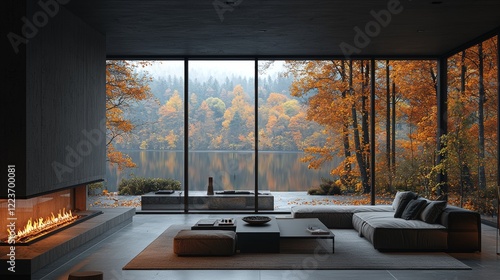 An online webinar virtual meeting background showing a beautiful scenic fall lake and a cozy fireplace in an interior room, suitable for a retirement home office with a computer desk. The view from