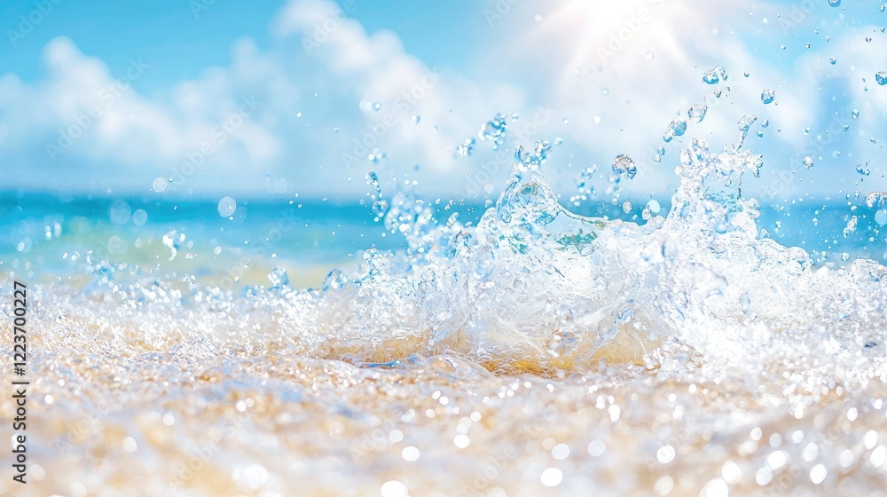 Ocean wave splashing on sandy beach, sunny day. Summer vacation background