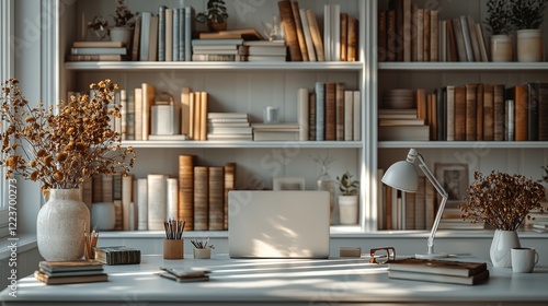 A virtual meeting for teams is held in a home office and library study room, adorned with a computer desk and bookshelves, with a white bookshelf in the background, making it perfect for video calls