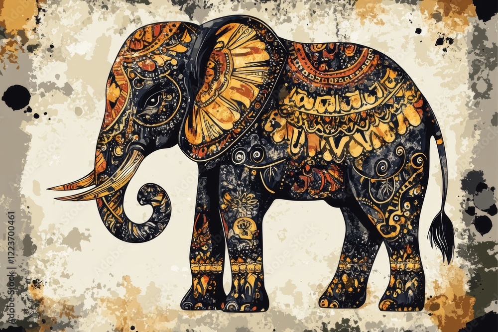 Obraz premium An elephant adorned with vibrant, intricate patterns, reflecting cultural richness and artistic design, captures tradition, majesty, and symbolic significance in art.