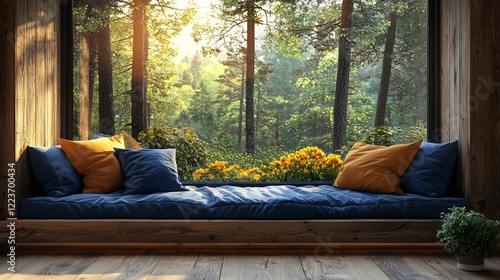 Scenic forest room background for online webinars and virtual meetings, featuring an interior home office study with a window view of trees and forest, ideal for team video calls as a backdrop