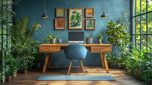 Scenic ocean room for Online webinars and Zoom meetings, featuring a home office interior with a computer desk and a virtual tropical background ideal for team video calls, sourced from Stock