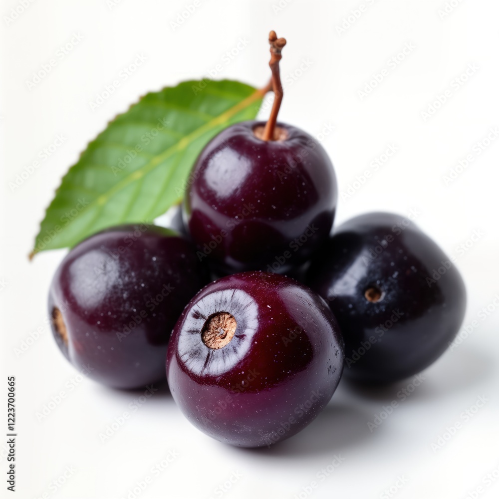 Fresh purple acai berries, leaf arranged on white background. Closeup shot. Healthy food concept. Exotic fruit. Ripe acai berries displayed for commercial use. Fresh berries, leaves. Tropical fruits. Fresh purple acai berries, leaf arranged on white background. Closeup shot. Healthy food concept. Exotic fruit. Ripe acai berries displayed for commercial use. Fresh berries, leaves. Tropical fruits.