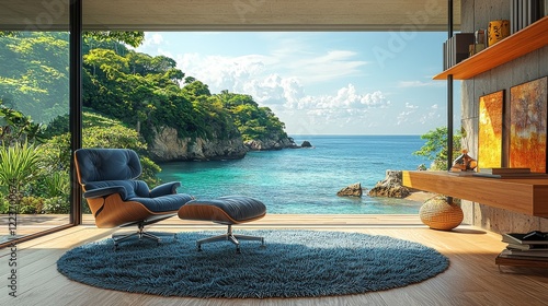 Online webinar meeting backdrop featuring a scenic beach ocean view, complete with a retirement home office and a computer desk in a study room visible through a window, ideal for video calls