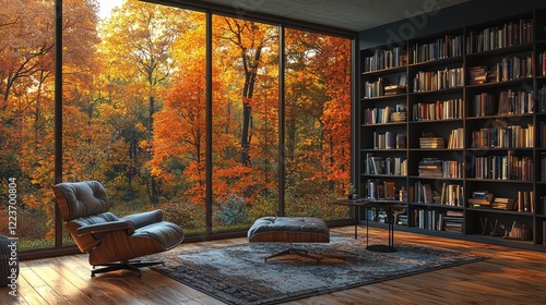 An online webinar room with a picturesque bookshelf background, suitable for a virtual meeting or home office setup. The scene features a fireplace and vibrant autumn tree views through the windows,