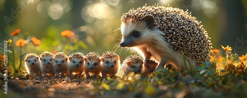 Scene a mother hedgehog leading her tiny babies through a garden, their spines just starting to harden