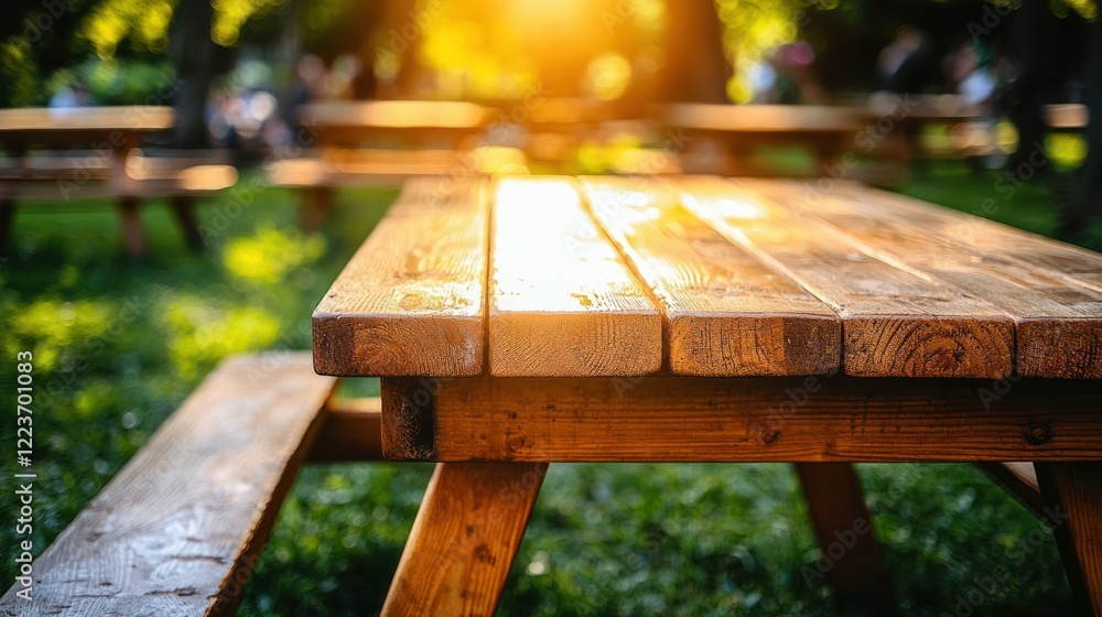 Fototapeta premium Sunny Park Picnic Table, Sunset, People