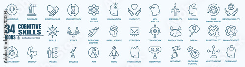 Soft and Cognitive Skills line editable icon set. Contains such Icons as Core Values, Empathy, Success,  Punctuality and more.