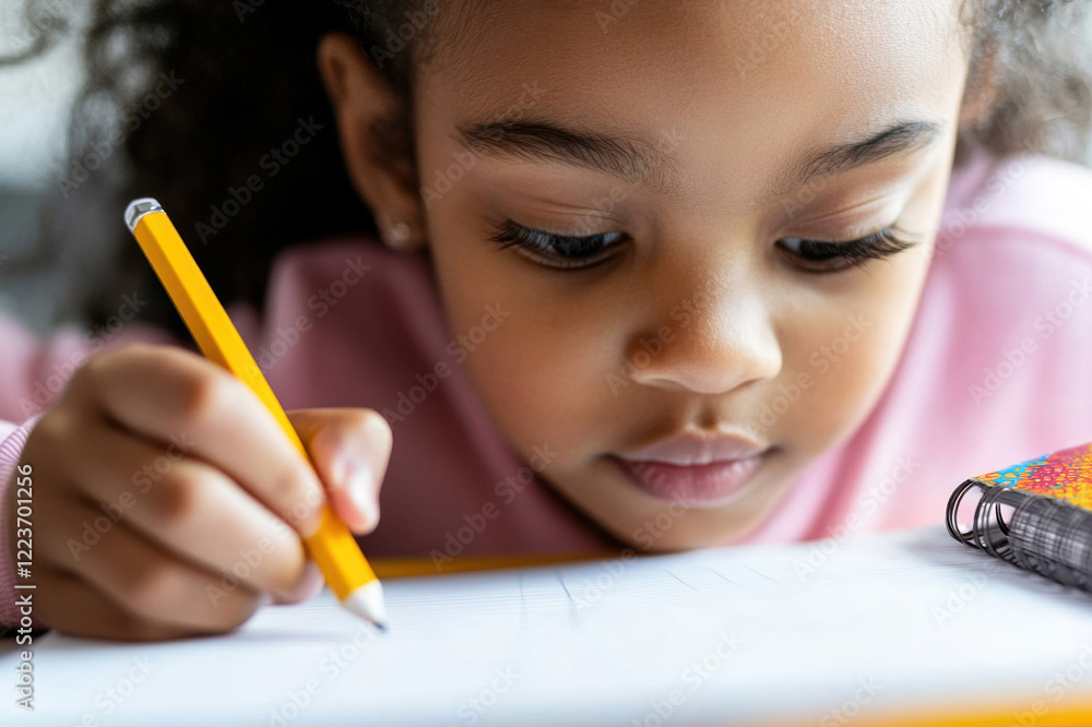 Focused smart child doing homework at home. Closeup portrait of little black girl writing with pencil on large notebook Focused smart child doing homework at home. Closeup portrait of little black girl writing with pencil on large notebook