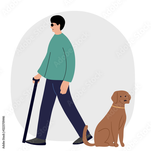 Blind man with his assistance guide dog walking outside 