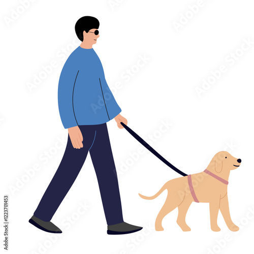 Blind man with his assistance guide dog walking outside 