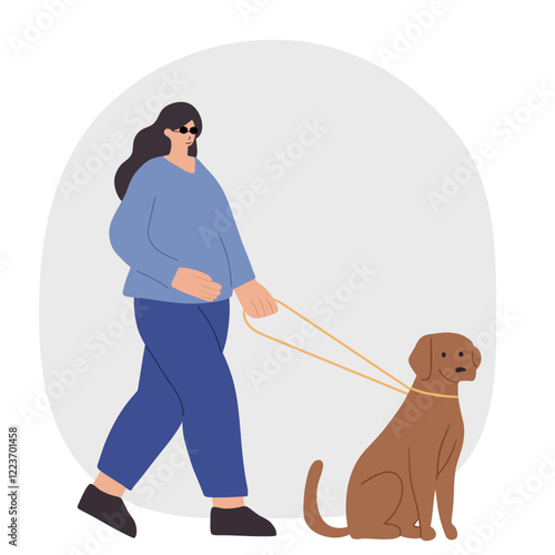 Blind woman with her assistance guide dog walking outside 