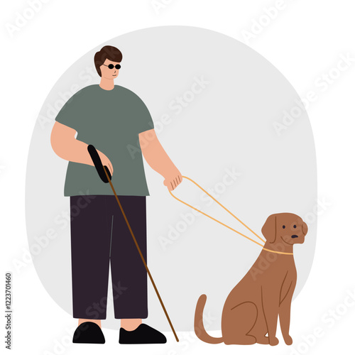 Blind man with his assistance guide dog walking outside 