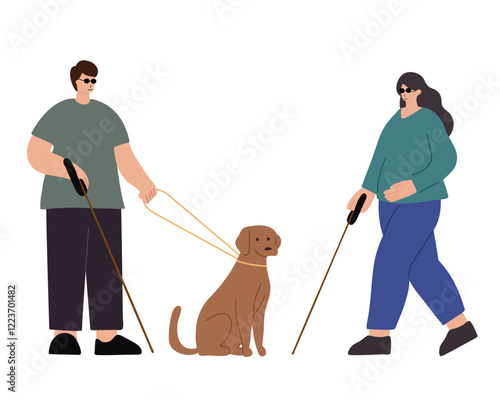 Blind woman and blind man with his assistance guide dog walking outside 
