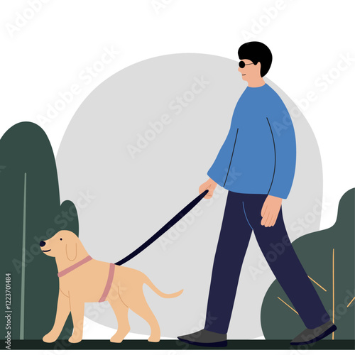Blind man with their assistance guide dog walking outside 