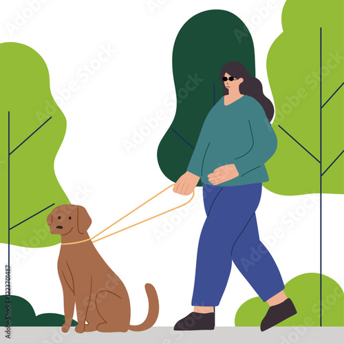 Blind woman with their assistance guide dog walking outside 