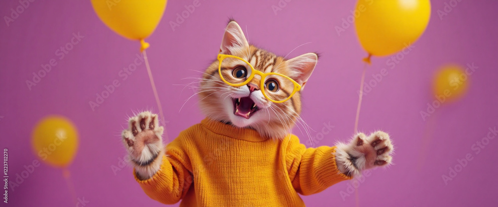 Fototapeta premium horizontal bright poster Funny cat in yellow glasses and yellow sweater with yellow balloons dancing on purple background, party and fun concept.