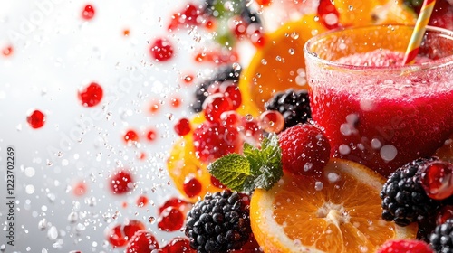 Refreshing berry smoothie with orange, summer drink photo