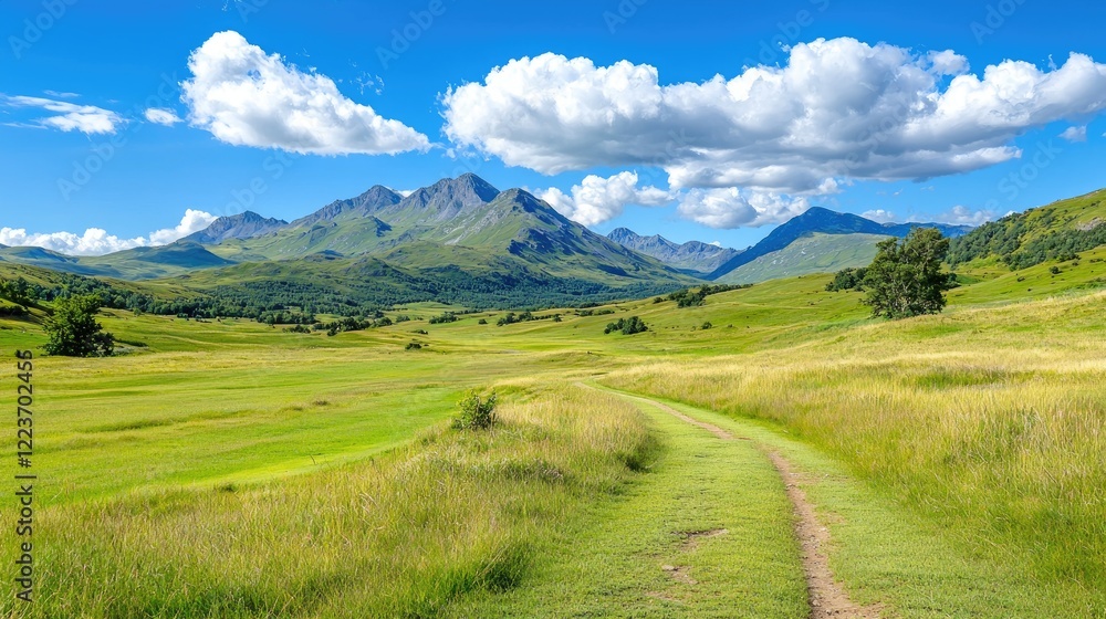 Winding path through green valley, majestic mountains, sunny day, idyllic landscape, perfect for travel brochures Winding path through green valley, majestic mountains, sunny day, idyllic landscape, perfect for travel brochures