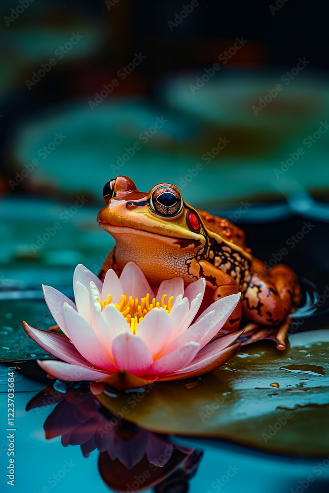 A frog sitting on top of a pink flower in a pond A frog sitting on top of a pink flower in a pond