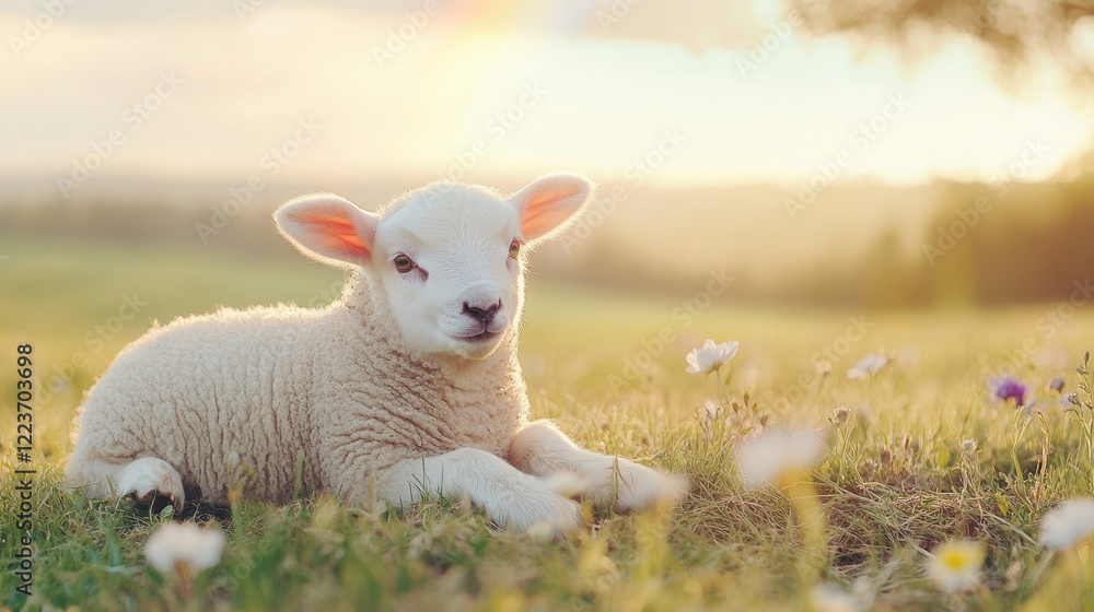 Obraz premium Fluffy lamb resting in a meadow surrounded by wildflowers and a vibrant rainbow