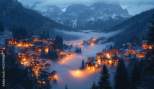 Mountains enshrouded in mist on a beautiful autumn evening in the Dolomites, Italy photo