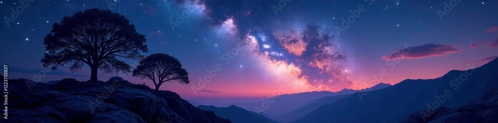 Silhouetted trees and rocks reflect the majesty of the universe, night sky, stars, landscape Silhouetted trees and rocks reflect the majesty of the universe, night sky, stars, landscape